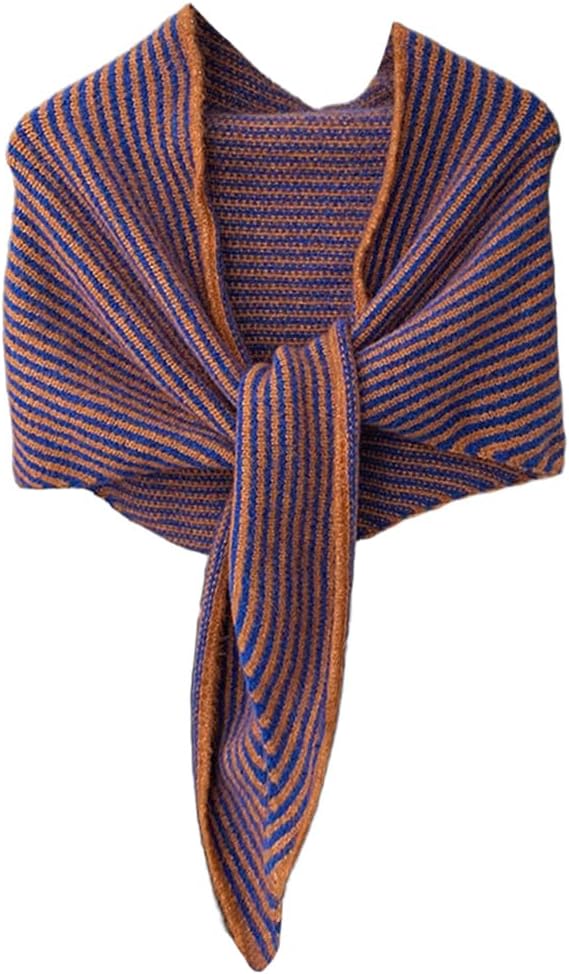Women Striped Triangle Knitted Pashmina Shawls Wraps Loose Fit Tie Knot Wool Cashmere Sweater Scarf Fall Winter