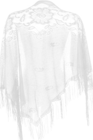 White Lace Shawls Wraps Triangle Scarf with Fringe, Mesh Fringe Shaw for Evening Dresses, Women Soft Lace Scarf with Tassels for Evening Party Dress, Mesh Floral Wedding Shawls