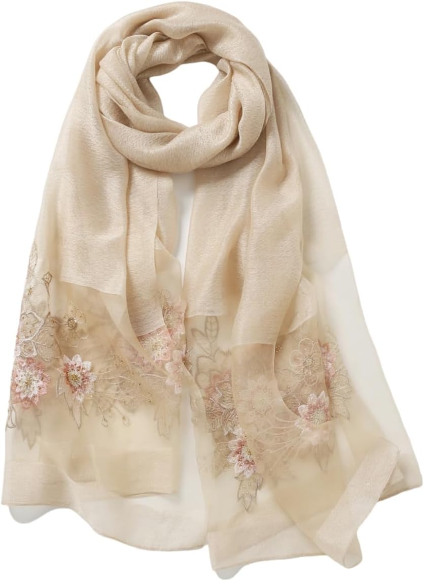 Silk Blend Floral Fashion Scarf Shawl Wrap Lightweight Sheer For Women Floral Embroidery Wedding Party Prom