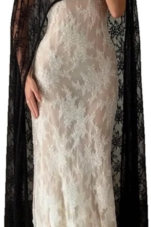 Women Lace Shawl Cape Mesh Sheer Poncho Top Capelets for Evening Dress Shawl Wraps Cover Up Wedding Party