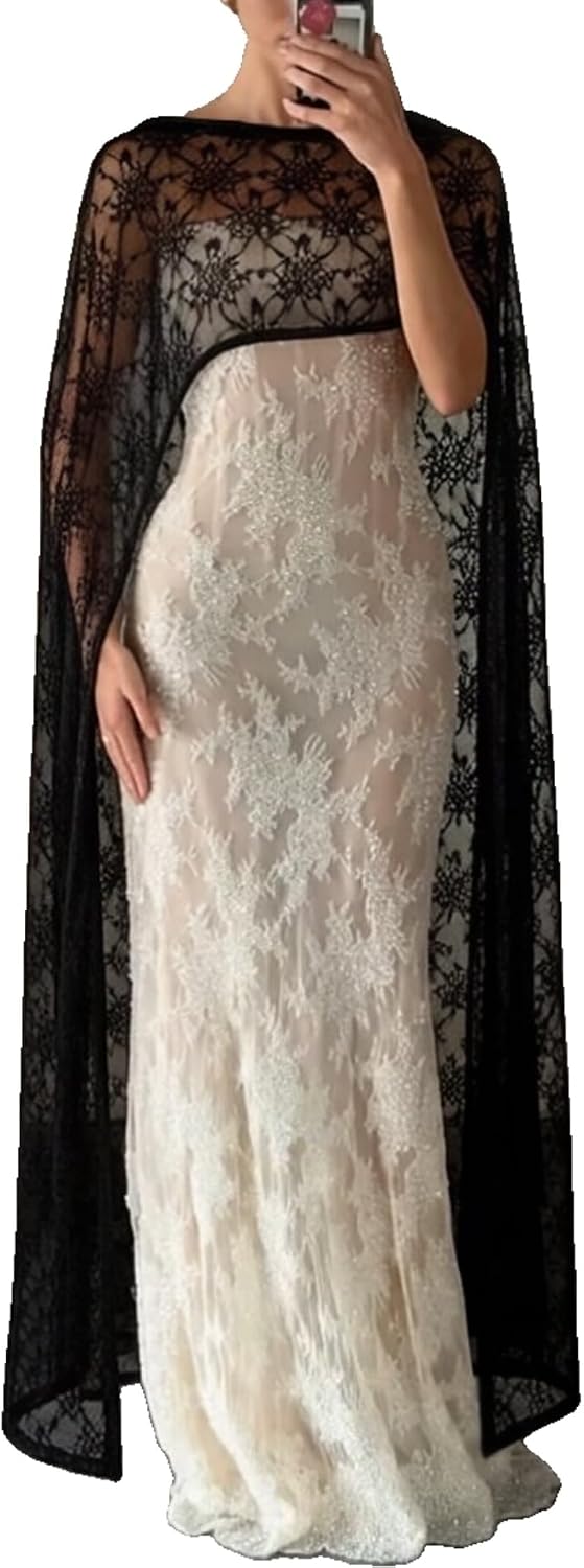 Women Lace Shawl Cape Mesh Sheer Poncho Top Capelets for Evening Dress Shawl Wraps Cover Up Wedding Party