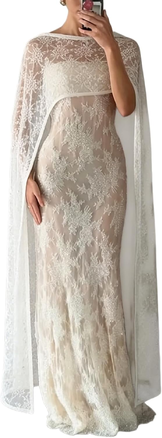 Women's Floral Lace Capelet Sheer Cape Shawl Poncho Tops Elegant Floor Length Lace Wraps Wedding Evening Formal