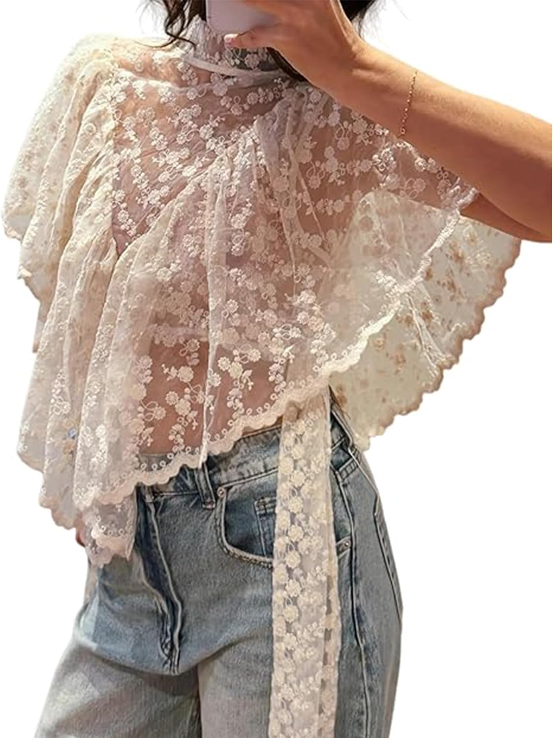 Women's Sheer Poncho Top Y2K Shawl Wraps Capes Batwing Sleeve Flowy Cape Shirt Cover Up Wedding Party