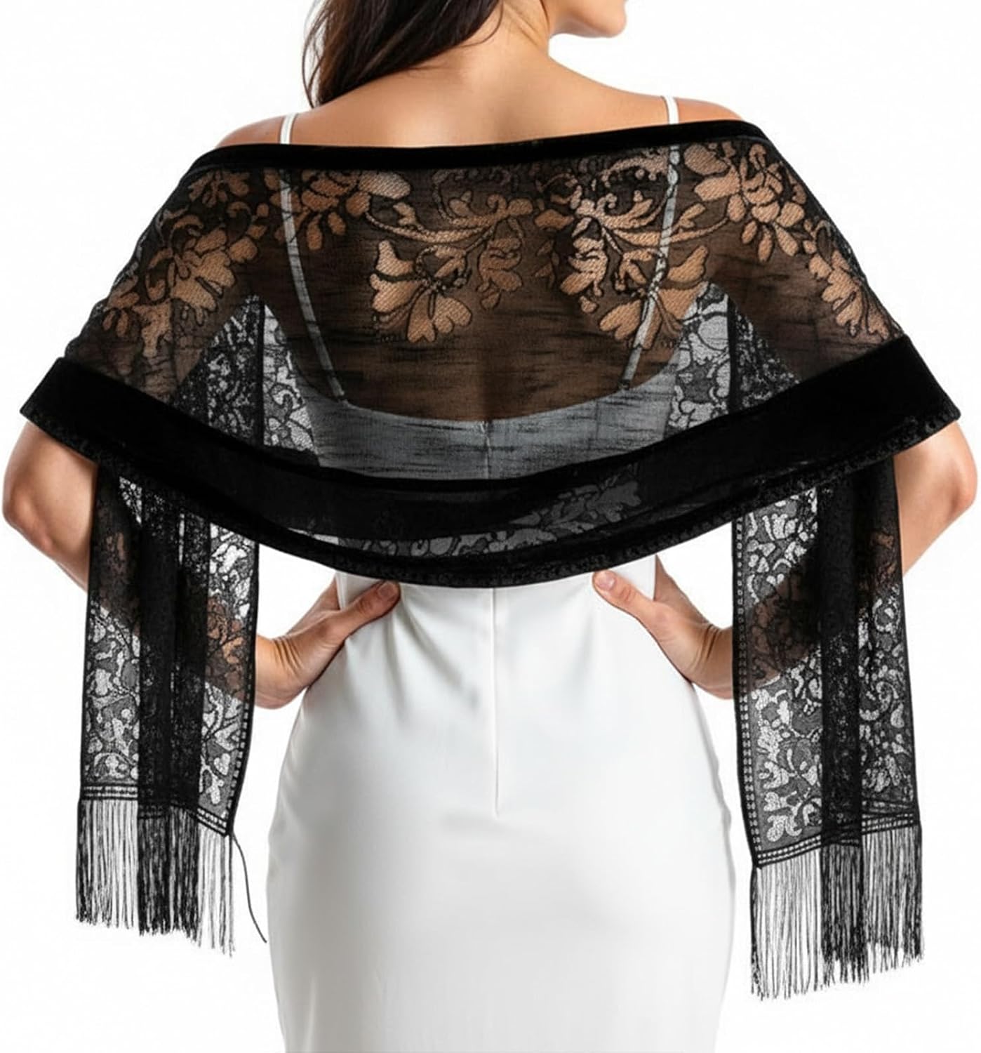 Black Lace Shawl, Lace Shawl Wraps for Women - Polyester Evening Scarf with Tassels for Wedding & Party (76.4 x 27.2 Inches)
