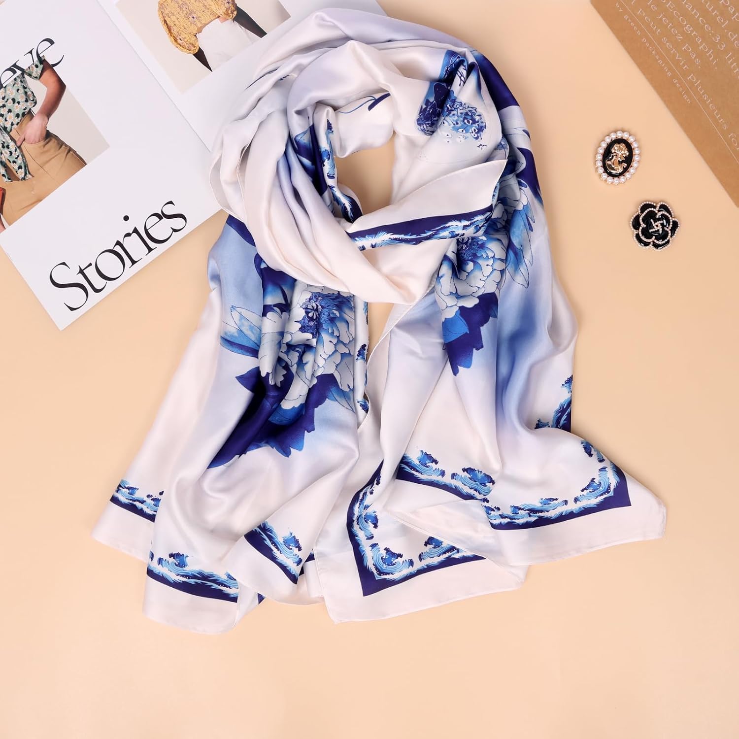 Silk Feeling Long Scarf Fashion Floral Large Scarf Satin Shawl Wraps for Women with Gift Packed - Image 2