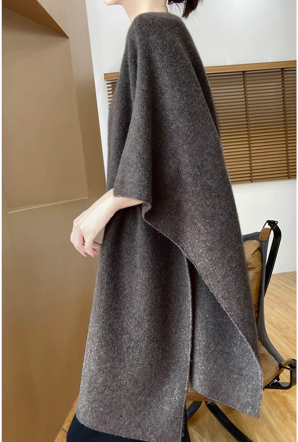 100% Merino Wool Shawl Wrap Women's Knitted Poncho Cape Cardigan Autumn Winter Loose Open Sweater Coat - Image 2