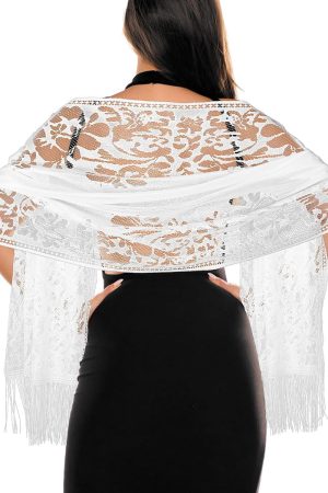 Women's Floral Lace Scarf Shawl with Tassels, Formal Wraps Soft Mesh Fringe Wraps for Wedding Evening Party Dress