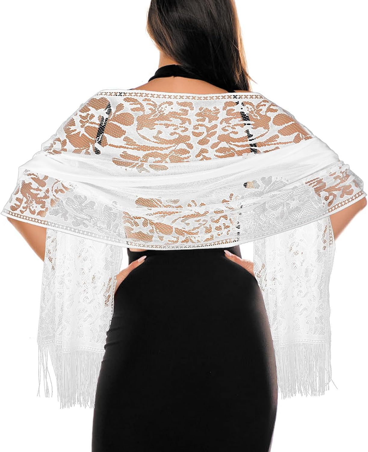 Women's Floral Lace Scarf Shawl with Tassels, Formal Wraps Soft Mesh Fringe Wraps for Wedding Evening Party Dress
