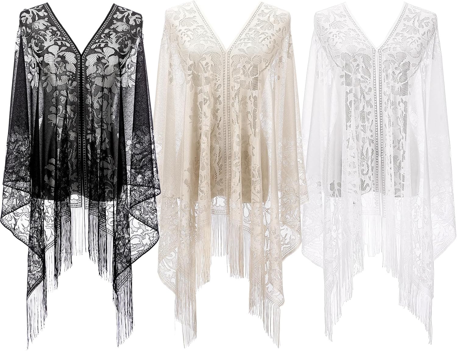 3 Pcs Lace Shawls and Wraps for Evening Dresses Scarfs Women Fringe Scarf for 1920s Party Wedding Costume