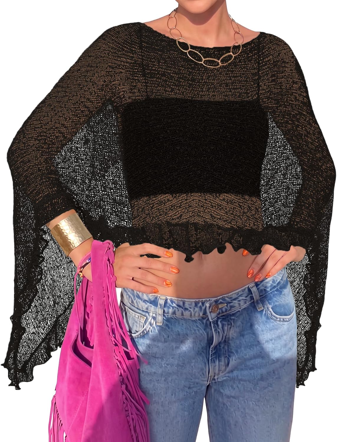 Womens Sheer Poncho Lightweight Knit Ruffle Beach Cover Ups Mesh Top Lace Summer Outfits 2026