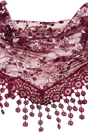 Lace Triangle Scarf for Women Floral Fringes White Green Leaf Neck Scarves Bandana Belt for Beach Daily Party Travel