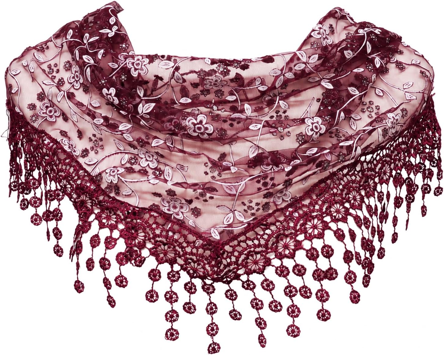 Lace Triangle Scarf for Women Floral Fringes White Green Leaf Neck Scarves Bandana Belt for Beach Daily Party Travel