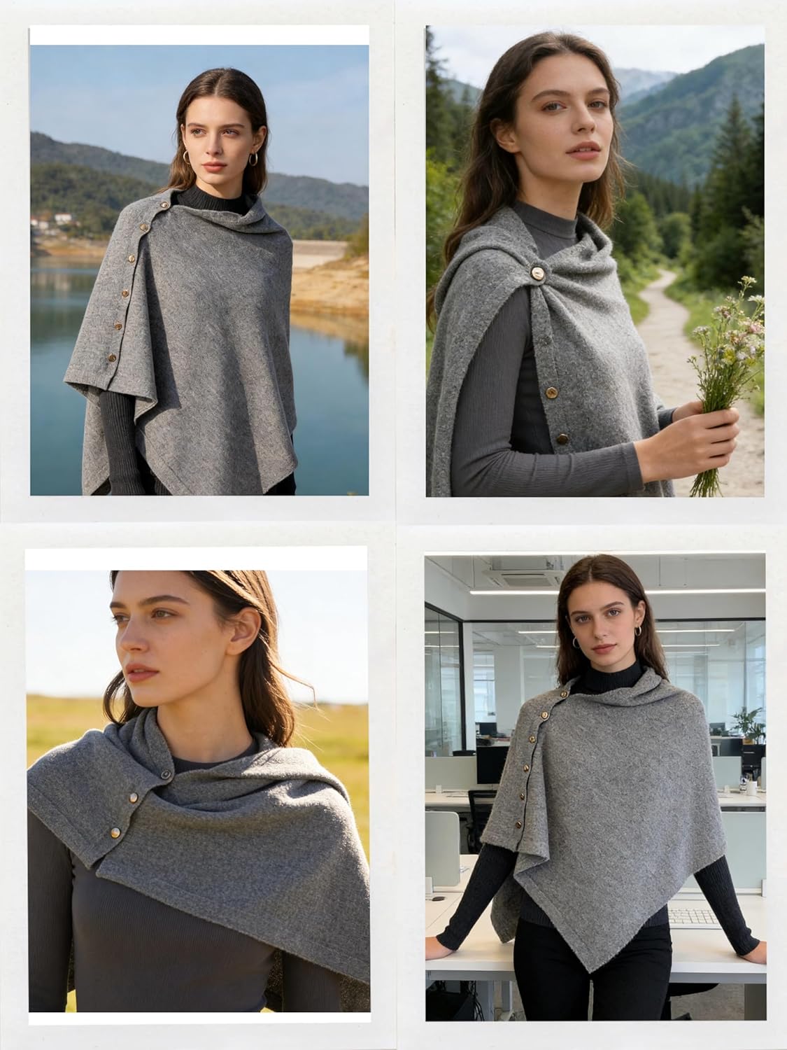 Women's Versatile Knitted Shawls Scarf Poncho Sweater Capes with Buttons Lightweight Spring Summer Fall Winter Wraps - Image 2