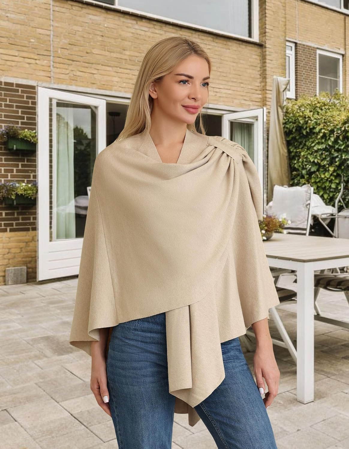 Womens Large Cross Front Poncho Sweater Wrap Topper Knitted Elegant Shawls Cape for Fall Winter - Image 2