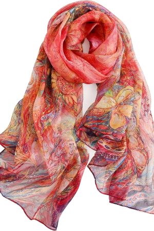 100% Mulberry Silk Scarf for Women, 69'' x 43'' Lightweight Large Silk Chiffon Shawl Wraps Floral Neck Scarf Gift