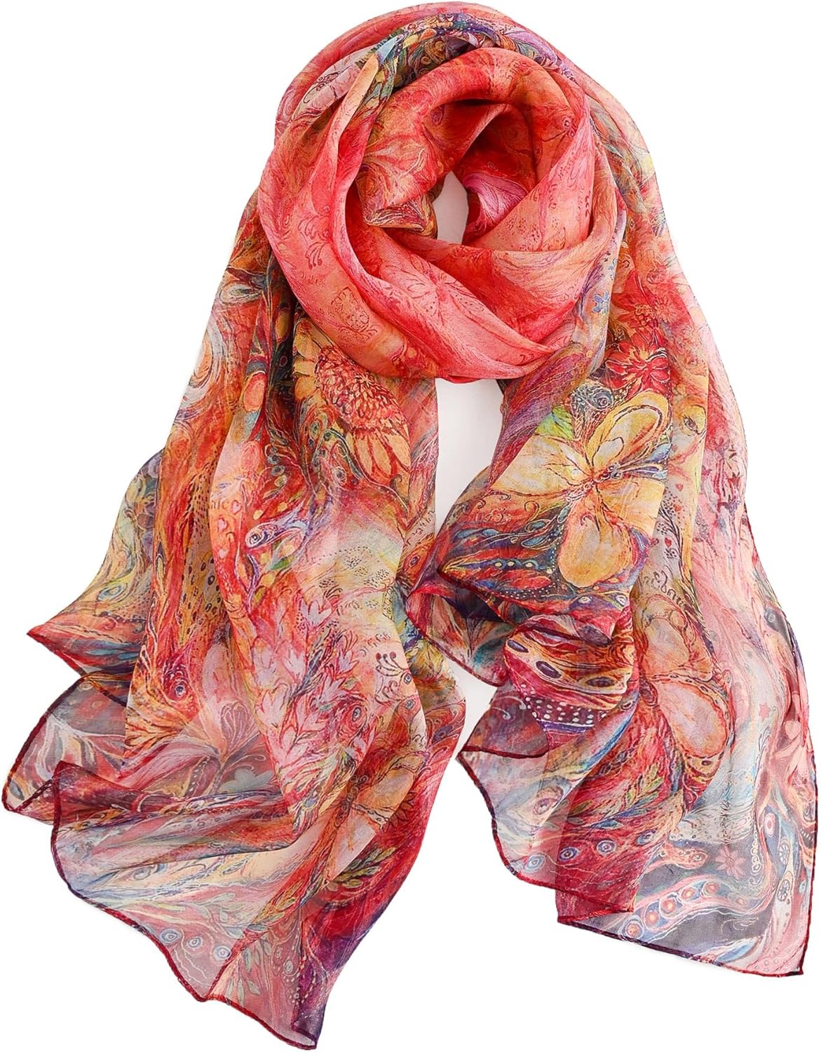 100% Mulberry Silk Scarf for Women, 69'' x 43'' Lightweight Large Silk Chiffon Shawl Wraps Floral Neck Scarf Gift