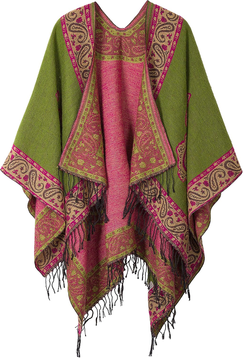 Women's Retro Style Vintage Pattern Tassel Poncho Shawl Cape Wraps For Women